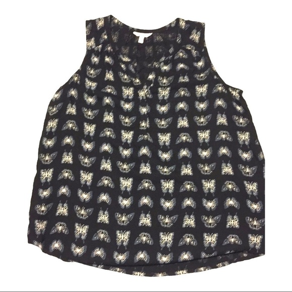 Y2K white butterflies on navy Henley rayon tank top size Medium whimsy playful. - Picture 1 of 9